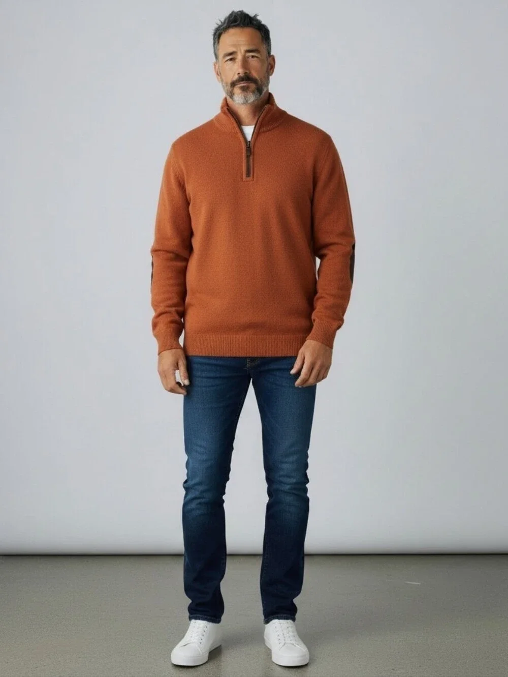 Cremieux Blue Label Rust Zip-Up Long Sleeve Sweater With Patch Elbows Size XL